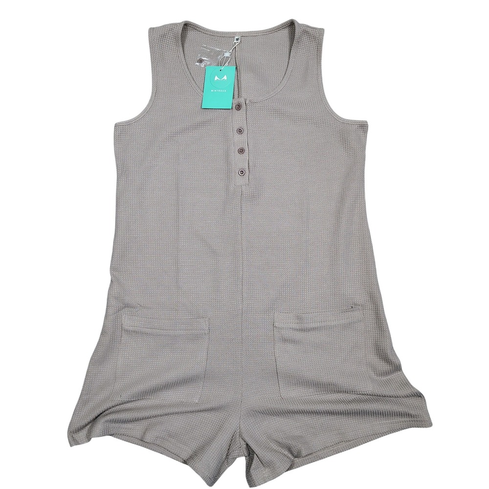 Mintreus Romper Womens Medium Gray Henley Waffle Knit Sleeveless Polyester Blend